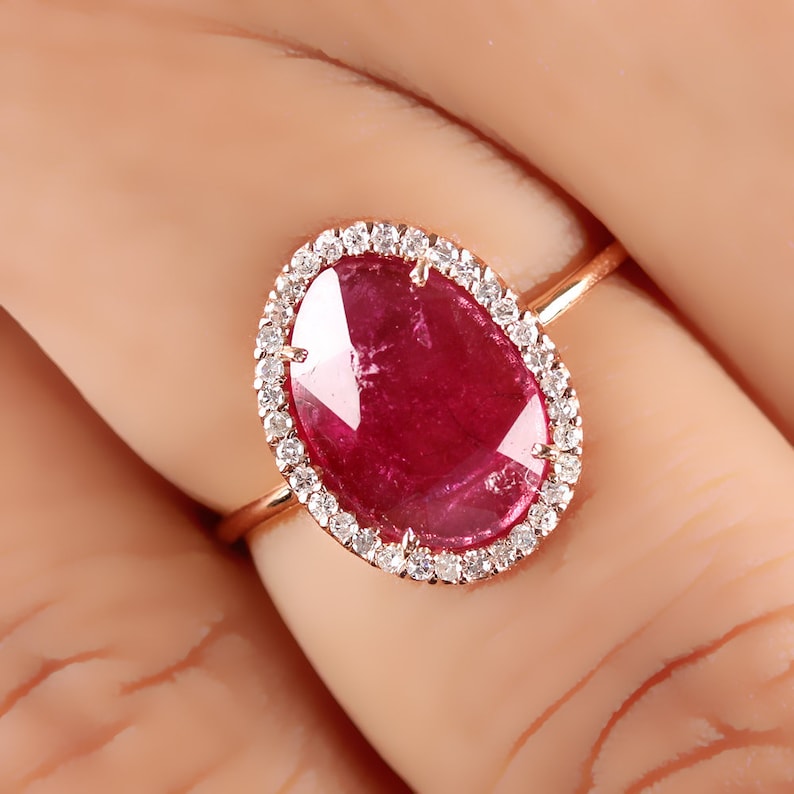 Genuine 1.37 Ct Pink Tourmaline Gemstone Cocktail Ring Diamond Pave Solid 14k Rose Gold Fine Jewelry Thanksgiving Day Gift For LOVE