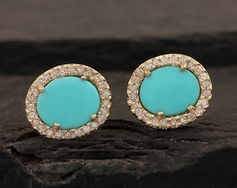 Natural Turquoise Gemstone Pave Diamond Solid 14k Yellow Gold Stud Earrings Handmade Wedding Fine Jewelry Gift For Women/Anniversary Gift