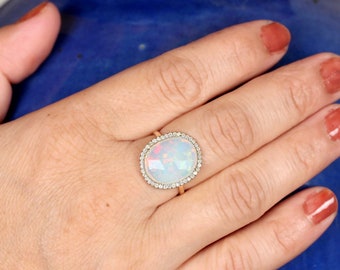 Natural Opal Diamond Ring: 14k Yellow Gold Bridal Statement Ring, Size