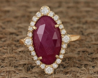 Handmade 14kt Yellow Gold Ruby Ring: Pave Diamond Anniversary Jewelry