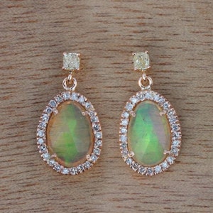 Genuine 1.02 Ct. Opal Gemstone Dangle Earrings Solid 14k Rose Gold Handmade Diamond Pave Fine Jewelry Gift/Mother's Day Gift For Her