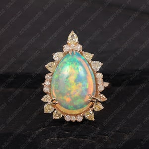 Solid 14K Yellow Gold Natural 6.57 Ct Ethiopian Opal Pave Diamond Delicate Ring Handmade Fine Jewelry Anniversary Gift For Women's