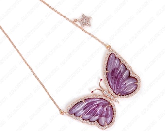 Natural Diamond Pink Sapphire Gemstone Butterfly Pendant Solid 14k Yellow Gold Necklace 18" inches Chain Handmade Fine Jewelry Gift For her