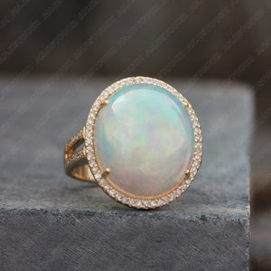 Genuine 8.87 Ct Opal Gemstone Cocktail Ring Solid 14k Yellow Gold Pave Diamond Wedding Fine Jewelry Gift For Women's/Mother's Day Gift