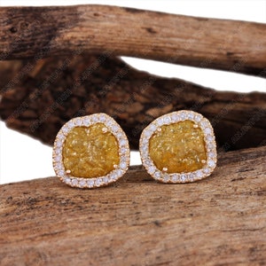 Delicados pendientes con diamantes druzy naturales en oro amarillo macizo de 14 k, joyería fina minimalista hecha a mano, regalo de cumpleaños o Navidad