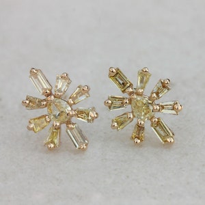 Aretes de oro amarillo macizo de 14 k con forma de estrella y diamantes baguette naturales de 0,49 ct. Joyería fina para mujer. Regalo de aniversario o cumpleaños.