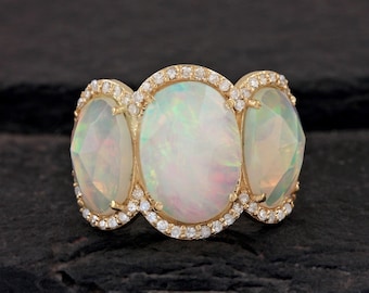 Natural 2.75 Ct Ethiopian Opal Diamond Pave Three Stone Ring Solid 14k Yellow Gold Handmade Party Wear Fine Jewelry Christmas Gift For Her