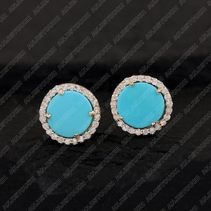 Solid 14k Yellow Gold Natural 0.84 Ct. Turquoise Stud Earrings Pave Diamond Everyday Fine Jewelry Friendship Gift For Her