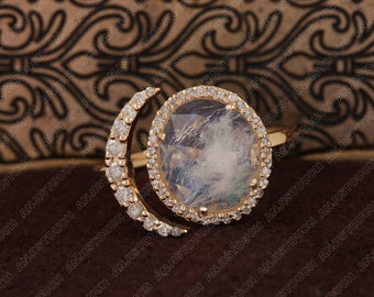 Natural 1.85Ct. Rainbow Moonstone Rose Cut Gemstone Cuff Ring Solid 14K Yellow Gold 0.28ct Diamond Fine Jewelry Anniversary Gift for Women's