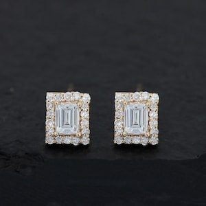 Aros pequeños con diamantes redondos de talla baguette naturales de 0,39 ct. en oro amarillo macizo de 14 k. Joyería fina minimalista hecha a mano/regalo para aniversario