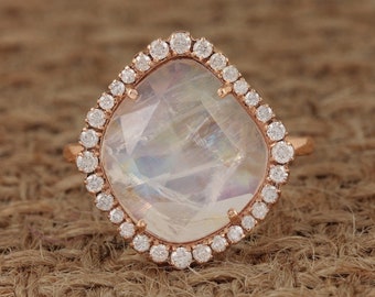 Handmade 14k Rose Gold Moonstone Ring with Pave Diamonds