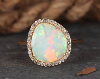 October Birthstone Genuine Pave Diamond Opal Cocktail Ring Solid 14k Yellow Gold Gemstone Unique Wedding Fine Jewelry Xmas Gift For Her