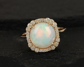 Genuine 2.57 Ct Round Ethiopian Opal Solid 14k Yellow Gold Cocktail Ring Pave Diamond Party Wear Handmade Fine Jewelry Christmas Gifts