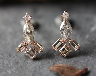 Natural 0.73 Ct. Princess Baguette Round & Marquise Shape Diamond Stud Earrings Handmade Solid 14k Rose Gold Fine Jewelry