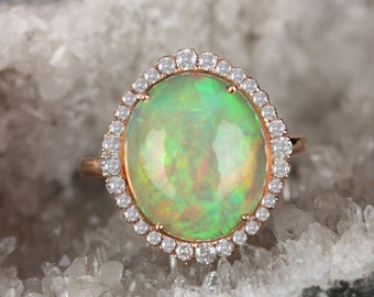 Genuine 5.54 Ct. Natural Ethiopian Fire Opal Gemstone Pave Diamond Cocktail Ring Solid 14k Rose Gold Handmade Fine Jewelry Anniversary Gift