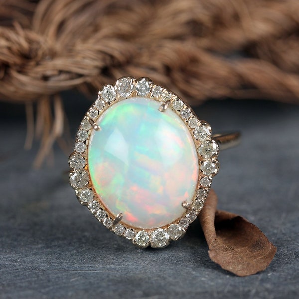 Genuine 4.11 Ct Ethiopian Opal Cocktail Ring Handmade Solid 14k Yellow Gold Pave Diamond Wedding Fine Jewelry Christmas Gifts For Women's