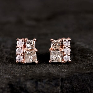 Pendientes de diseño con diamantes reales en oro rosa macizo de 14 k, joyería fina minimalista hecha a mano para bodas, regalo de cumpleaños para ella o para el día de la madre
