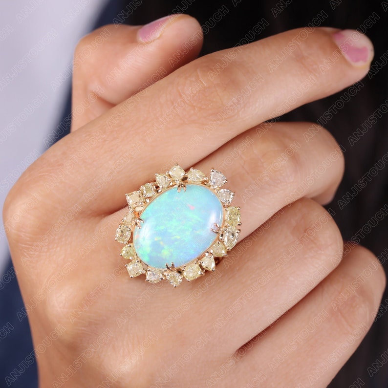 7.76 Ct. Natural Opal Gemstone Ring Solid NEW SALENEW very popular! Yell Pave 14k Diamonds