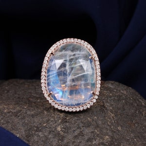 Natural 7.54 Ct. Moonstone Diamond Pave Cocktail Ring Solid 14k Rose Gold Handmade Jewelry Christmas Day Gift For Women's/Thanksgiving Gift