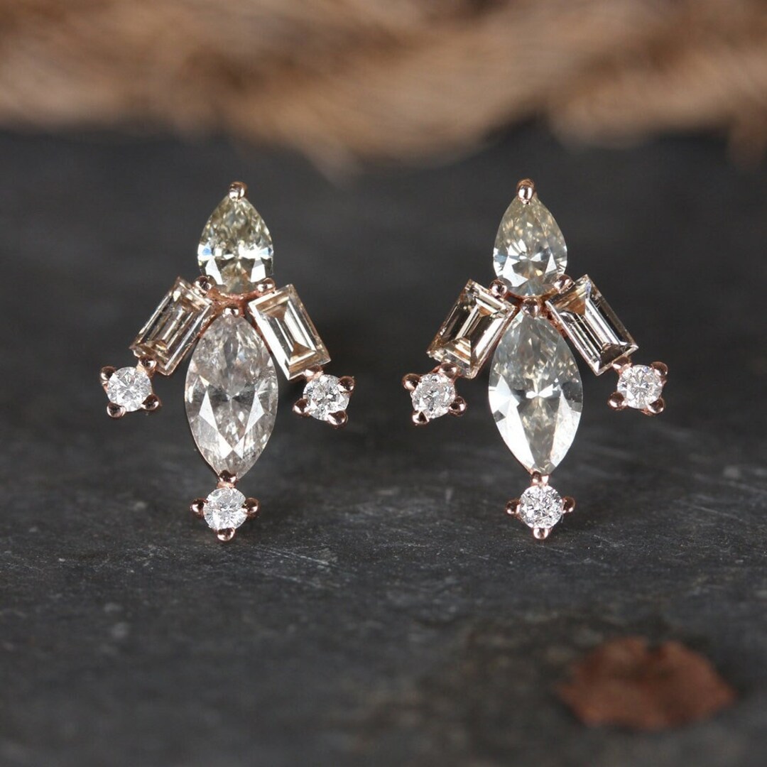 Marquise, Baguette, Round & Pear Shape Diamond Stud Earrings Solid 14k ...