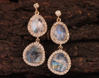 14k Gelb Gold Diamant Mondstein Ohrringe