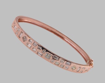 Solid 14k Rose Gold Genuine 2.71 Ct. Baguette & Princess Shape Diamond Bangle Bracelet Handmade Fine Jewelry Anniversary Gift For Her