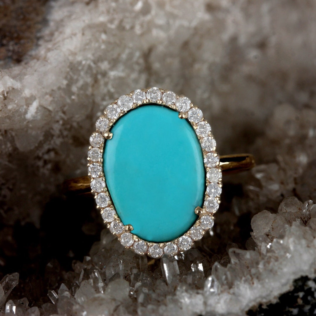 edelstein schmuck echt Echt 193 Ct Türkis Edelstein Pave Diamant Cocktail Ring 585 Gelbgold