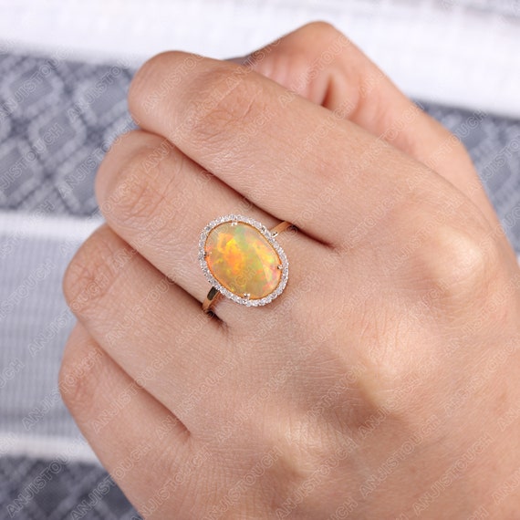 14k Yellow Gold Ethiopian Opal Ring with Pave Diamonds