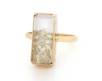 Handgjord 14K gult guld kristallkvarts baguette shaker ring (7,40 ct) fina smycken