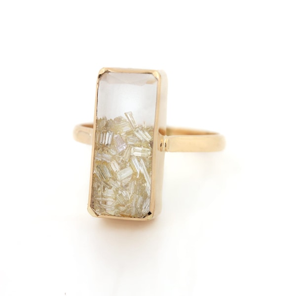Natural 7.40 Ct. Crystal Quartz Gemstone Baguette Diamond Shaker Ring Handmade 14K Solid Yellow Gold Handmade Fine Jewelry Anniversary Gift