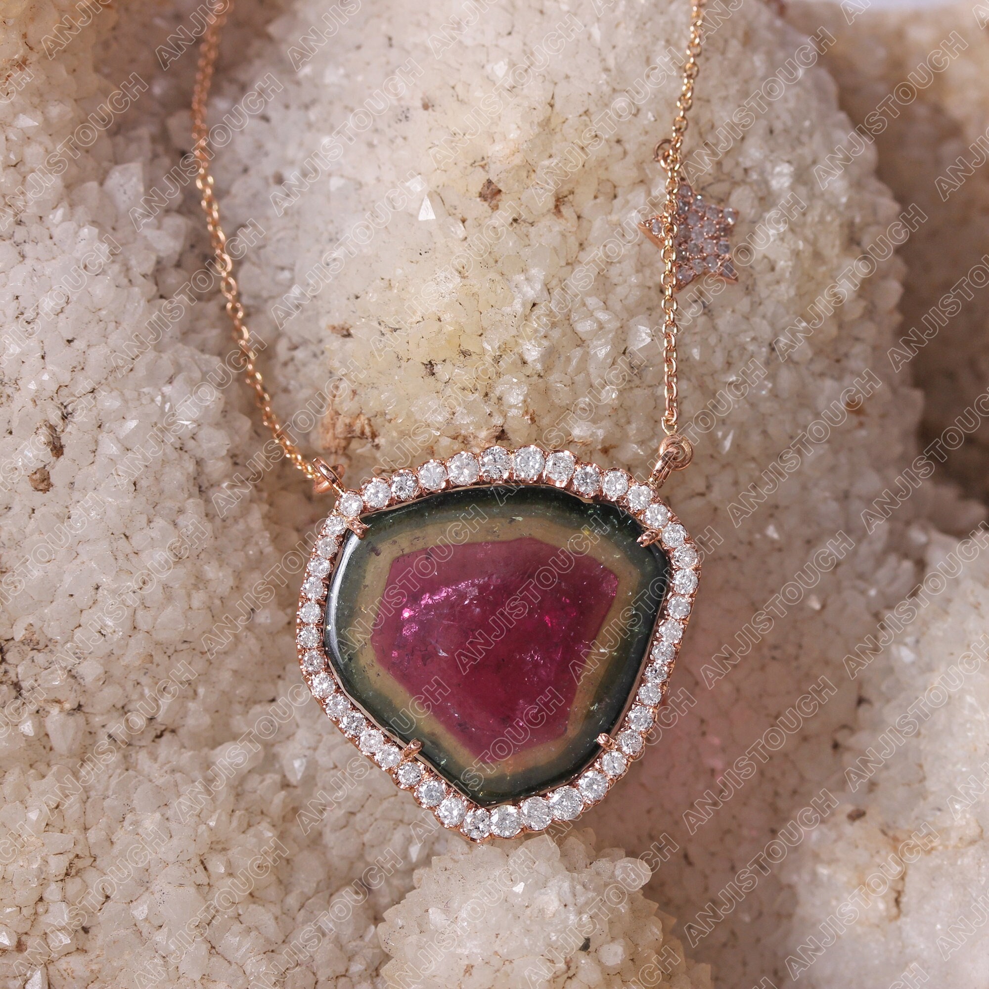 Solid 14K Rose Gold Tourmaline Gemstone Natural Diamond Necklace Handmade Fine Jewelry Gift For Women's/Anniversary Day Gift For Her