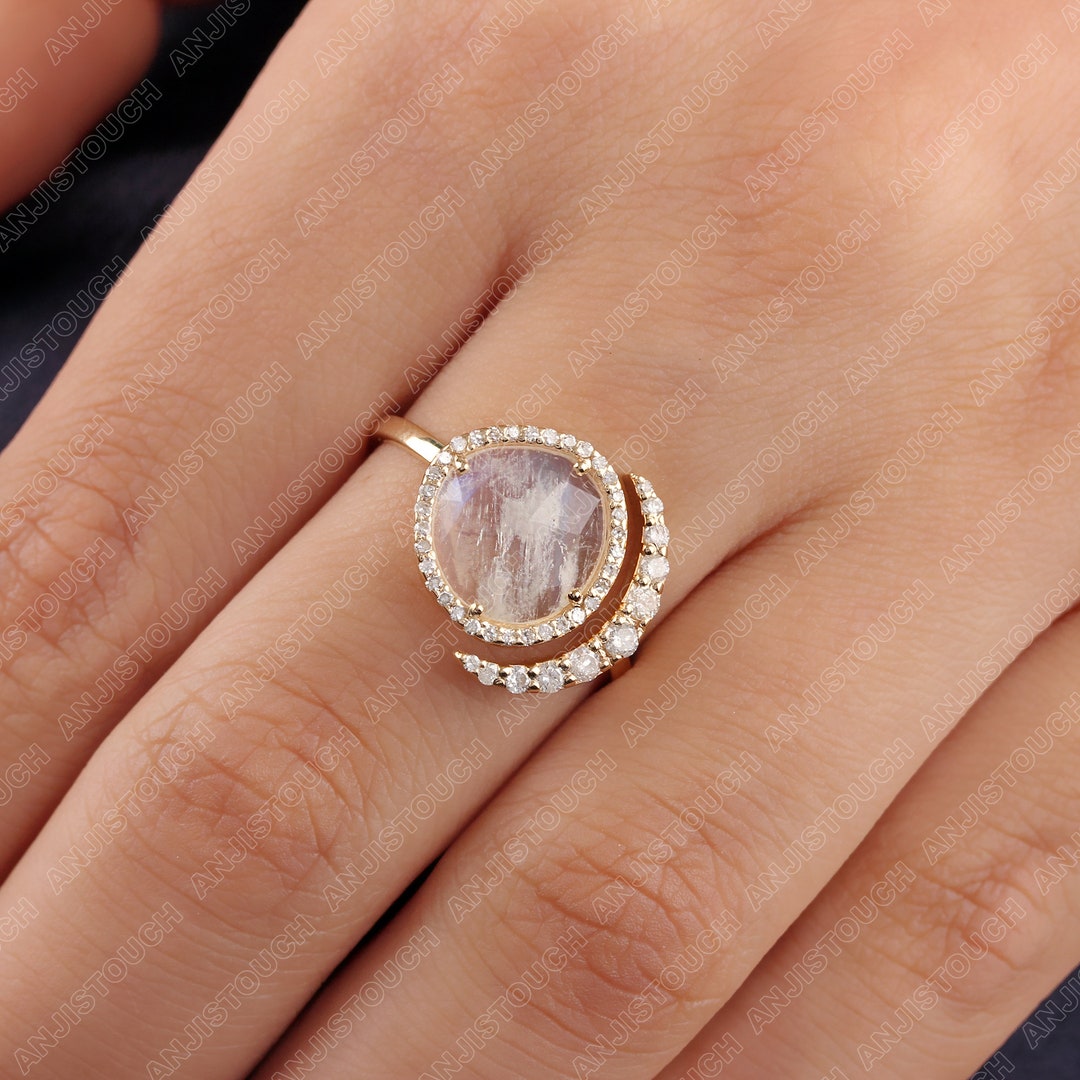 Solid 14k Yellow Gold Diamond Real 0.25 Ct. Rainbow Moonstone Rose Cut Gemstone Ring Handmade Fine Women&#39;s Jewelry/Anniversary Gift For Her