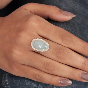 Milky Aquamarine Cocktail Ring: Pave Diamonds, 14k Yellow Gold