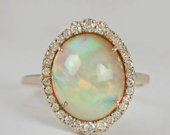 Genuine 3.44 Ct Ethiopian Opal Gemstone Cocktail Ring Handmade Solid 14k Yellow Gold Pave Diamond Wedding Fine Jewelry Mother's Day Gift