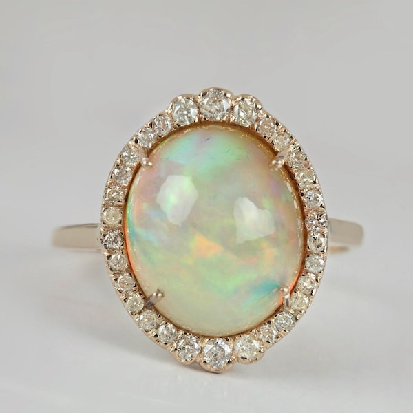 Genuine 3.44 Ct Ethiopian Opal Gemstone Cocktail Ring Handmade Solid 14k Yellow Gold Pave Diamond Wedding Fine Jewelry Mother's Day Gift