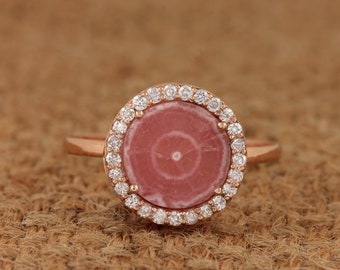 Handmade 14k Rose Gold Rhodochrosite Diamond Ring: Fine Jewelry