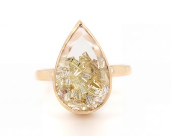 14K guld päronformad kristallkvarts shakerring, baguette diamant accent smycke