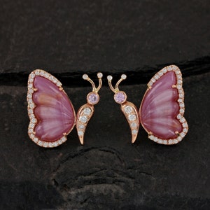 Aros con forma de mariposa de oro rosa macizo de 14 quilates, 10,91 ct., zafiro rosa, diamantes pavé, joyería fina para ella, regalo de boda o aniversario