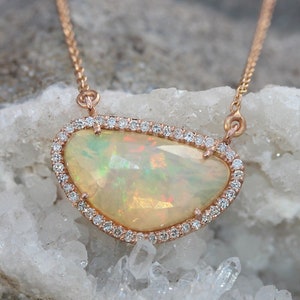 Opal Necklace, White Necklace, Elegant Jewelry, Elegant Necklace, Engagement Necklace, Gift For Her, Jewelry For Women, Natural Diamond, Brilliant Shape, Rose Gold Necklace, April Birthstone, Diamond Necklace, Brilliant Diamond