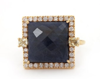 Anillo de oro amarillo de 14 quilates con zafiro azul y diamantes, hecho a mano: joyería de aniversario