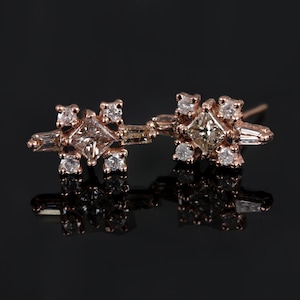 Delicados pendientes de oro rosa macizo de 14 k con diamantes pavé naturales de 0,60 ct. Joyas minimalistas delicadas Regalo de Navidad para ella