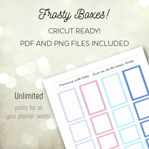 May include: Printable planner stickers with different colored boxes. The text on the page reads "Planning with Sally Give me all the boxes: Frosty".