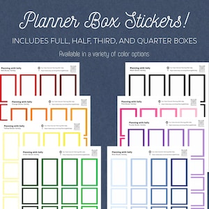 May include: Set of planner box stickers in various colors, including red, orange, yellow, green, blue, pink, and purple. The stickers are labeled "Planning with Sally" and include full, half, third, and quarter boxes.