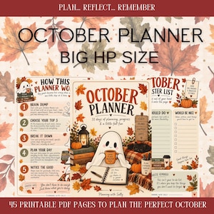 Könnte beinhalten: Ein druckbarer Oktober-Planer im Big HP-Format mit einer Geisterillustration, Herbstblättern und Kürbissen. Die Seiten enthalten Text wie PLAN... REFLECT... REMEMBER, OCTOBER PLANNER, HOW THIS PLANNER WORKS und OCTOBER ROSTER LIST.