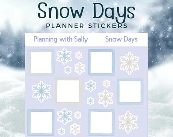 May include: A sheet of planner stickers with a winter theme. The stickers feature snowflakes in shades of blue and gray, along with square frames for notes. The text "Snow Days" and "Planner Stickers" are displayed at the top. The text "Planning with Sally" is also visible.