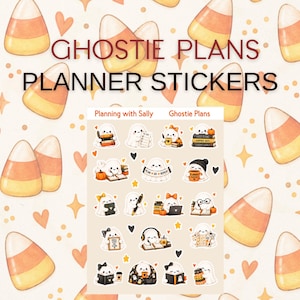 May include: A sheet of planner stickers featuring various illustrations of small white ghosts engaged in activities like reading, writing, and drinking coffee, set against a background pattern of candy corn and hearts with the text GHOSTIE PLANS PLANNER STICKERS.