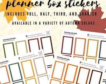 May include: Four sheets of printable planner box stickers with different autumn color themes: Apple Orchard, Autumn Days, Pumpkin Spice, and a fourth sheet with a variety of colors. Each sheet includes full, half, third, and quarter box stickers.