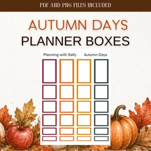 Peut inclure: Autocollants numériques intitulés Autumn Days Planner Boxes, incluant des fichiers PDF et PNG. Le design présente quatre colonnes verticales de cadres rectangulaires en bordeaux, orange, doré et gris foncé, ornés de feuilles d'automne et d'une citrouille.