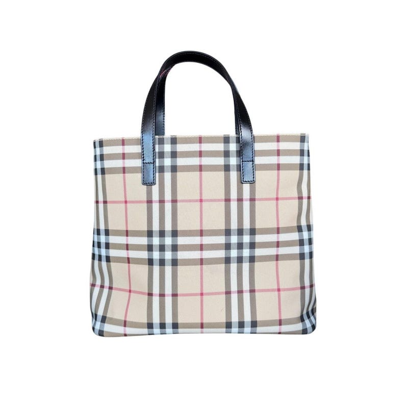 Burberry Nova Check Coated Canvas Small Tote Bag, Classic Heritage Plaid Luxury Handbag, Vintage Designer Shoulder Bag with Leather Trim image 2