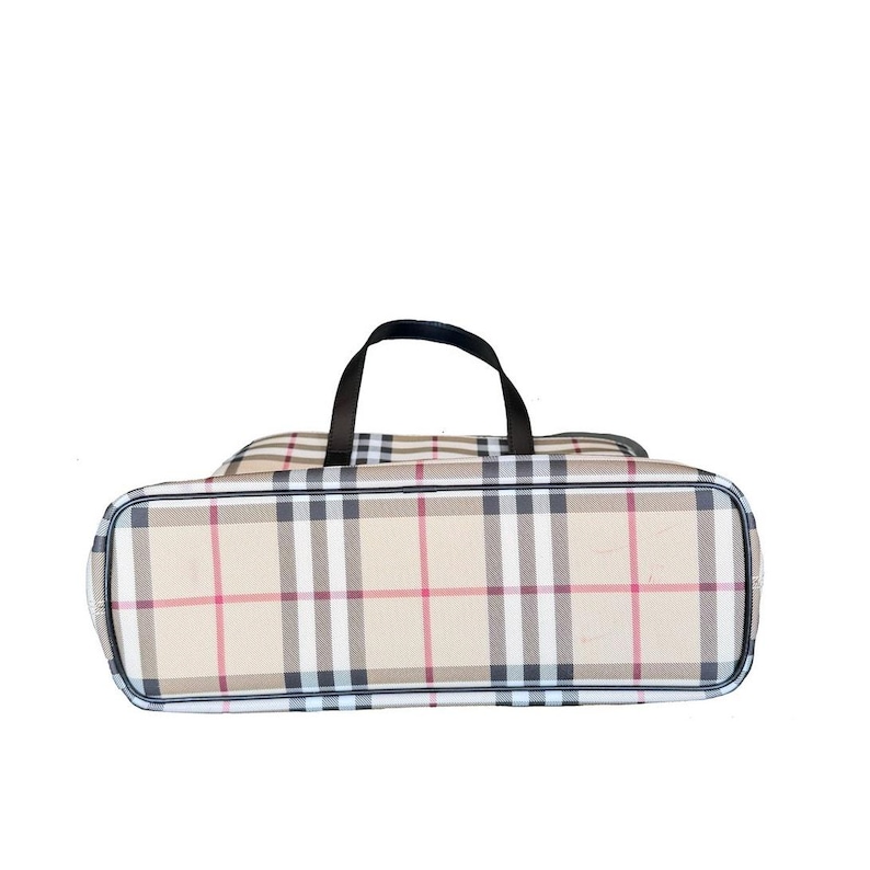 Burberry Nova Check Coated Canvas Small Tote Bag, Classic Heritage Plaid Luxury Handbag, Vintage Designer Shoulder Bag with Leather Trim image 5